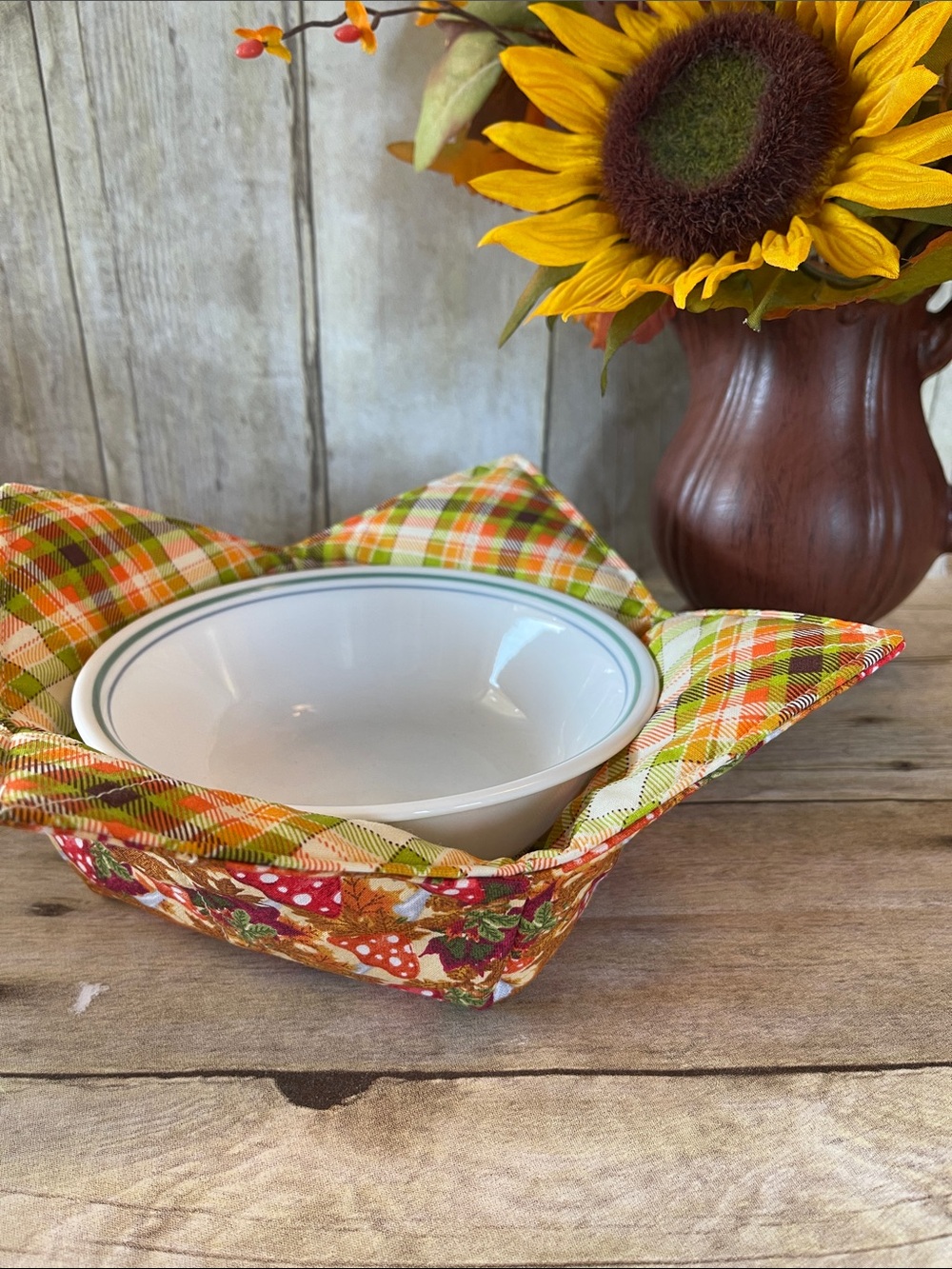 Microwave Bowl Cozy Fabric Bowl Fall/Autumn Mushrooms/Plaid Orange Brown Red